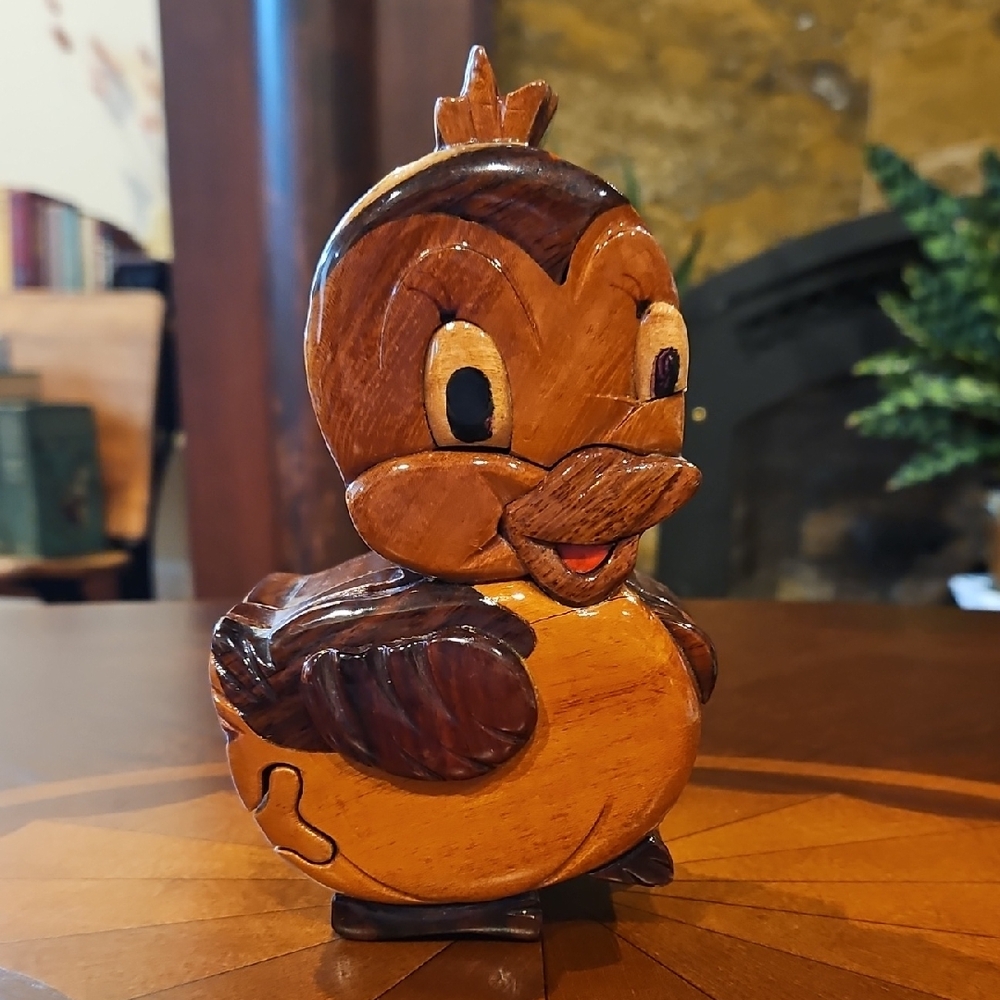 3-Dimensional Intarsia Wood Duck Secret Puzzle Jewelry/Trinket Box Handcarved